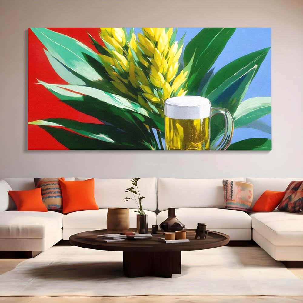 Tablou canvas cu tablou canvas cu halba de bere si frunze tropicale, fara rama, pe sasiu de lemn, pe perete intr-un living